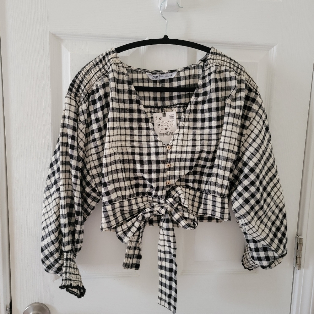 Zara Gingham Black and White Tie-Front NWT - Picture 3 of 8